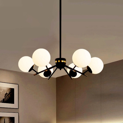Frosted White Glass Ball Chandelier Modernism 6 Lights Hanging Ceiling Lamp in Black