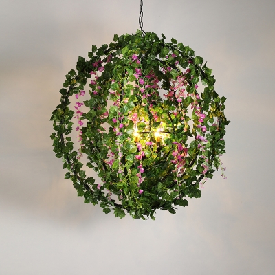 Globe Cage Restaurant Chandelier Antique Iron 4 Bulbs Black Suspension Pendant Light with Green Plant