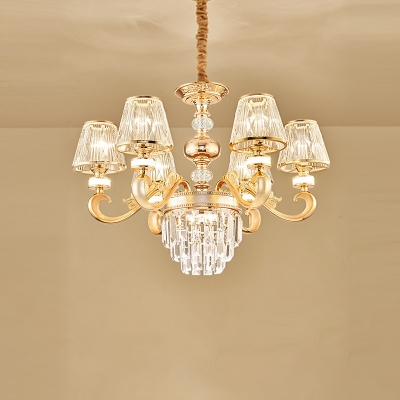 Gold 3-Tier Hanging Chandelier Modernist Crystal Block 6/8-Light Restaurant Pendant Lamp Fixture with Cone Shade