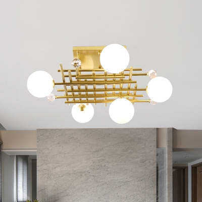 Gold Grid Flush Mount Lamp Mid Century 5-Light Metal Semi Flush Light with Ball White Glass Shade and Crystal Accent