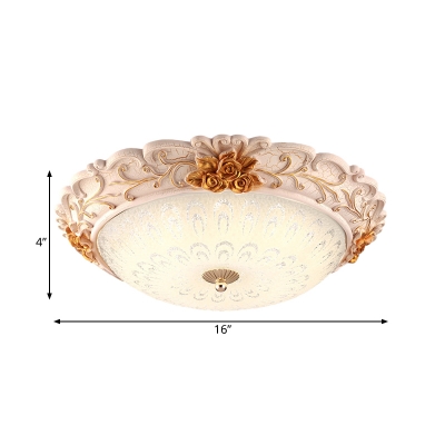 Gold Peony Ceiling Lighting Pastoral Resin LED Bedroom Flush Mount Lamp with Bowl Texture Glass Shade, 12