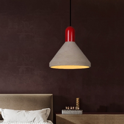 Industrial-Style Cone Pendant 1-Head Cement LED Hanging Light Kit in Grey and Black/Red/Wood