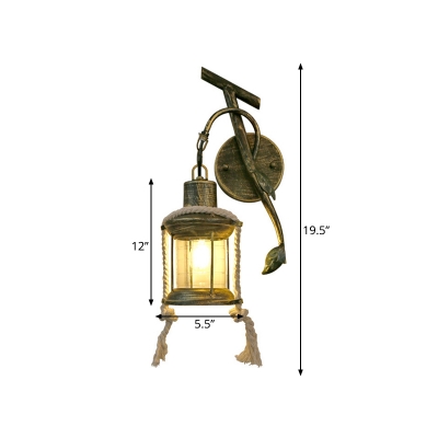 Lantern Clear Glass Wall Light Fixture Loft Style 1-Bulb Dining Room Wall Sconce in Brass with Curved Arm