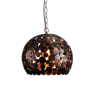 Metal Domed Drop Pendant Light Antiqued 1-Head Dining Room Suspension Lamp in White/Red Brown with Splicing Dot Design
