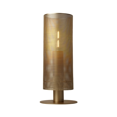Mid Century Single-Bulb Table Lamp Gold Mesh Column Nightstand Light with Iron Lampshade