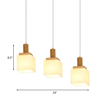 Minimalist Cube Multi Light Pendant White Frosted Glass 2/3-Bulb Restaurant Ceiling Lamp in Wood