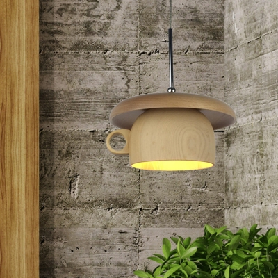 Modern 1 Head LED Down Lighting Beige Coffee-Cup Hanging Pendant Lamp with Wood Shade