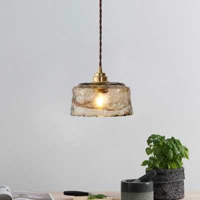 Modern 1 Light Pendant Lamp Gold Bowl Hanging Lighting with Amber Rippled Glass Shade