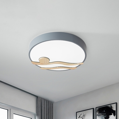 Modern Circle Shaped Flush Light Acrylic Living Room LED Flush Mount Ceiling Lamp with Wood Deco in Grey/White, 16
