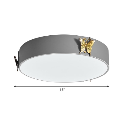 Nordic Round LED Ceiling Light Acrylic Bedroom Flush Mount Recessed Lighting in Grey with Butterfly Decor, Warm/White Light