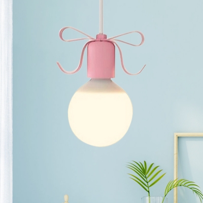Ribbon Down Lighting Pendant Simple Metal Single Grey/Pink Hanging Ceiling Light with Open Bulb Design