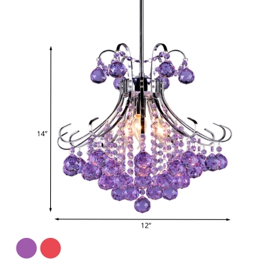 Scroll Frame Living Room Pendant Traditional Faceted Crystal Ball 3 Lights Purple/Red Ceiling Chandelier