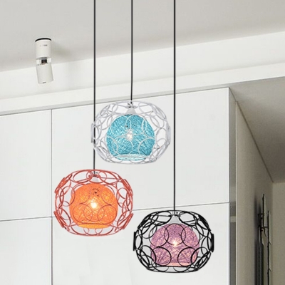 Sphere Kitchen Dinette Pendant Lamp Rattan 3 Heads Modernist Multiple Hanging Light with Bubble Ring Cage in Black