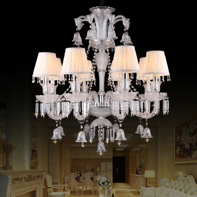 Traditionalism Curved Arm Chandelier 8-Light Clear Crystal Hanging Ceiling Light with Cone White Fabric Shade