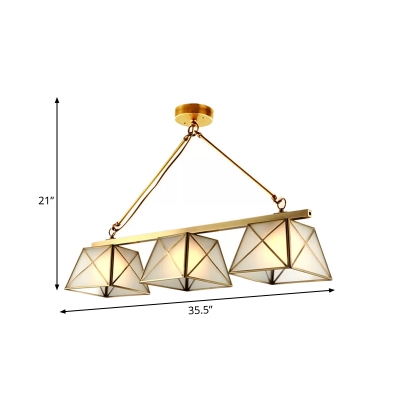 Trapezoid Frosted Glass Island Light Retro 3 Heads Suspended Lighting Fixture with Cross Band in Brass