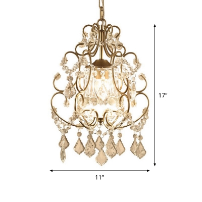 Victorian Style Swirl Hanging Light Single Bulb Crystal Down Lighting Pendant in Gold