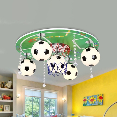 White-Black Glass Soccer Ceiling Flush Kids 5-Light Green Flush Mount Light Fixture with Crystal Drape