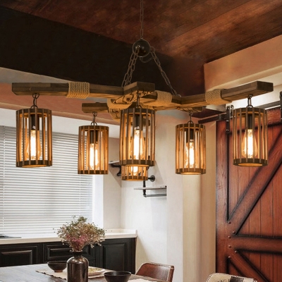 Wood Brown Hanging Lamp Kit Cylinder 3 6 Light Industrial Chandelier Pendant With Branch Beam Beautifulhalo Com - Hanging Lights From Ceiling Beams
