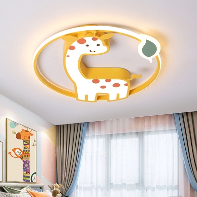 Yellow Giraffe Lighting Fixture Kids Style Acrylic LED Ceiling Flush Mount with Leaf Design for Bedroom in Warm/White Light