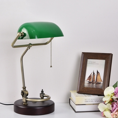 1 Bulb Table Lighting Green/White Tempered Glass Retro Bedroom Night Lamp with Half Oblong Shade and Pull Chain