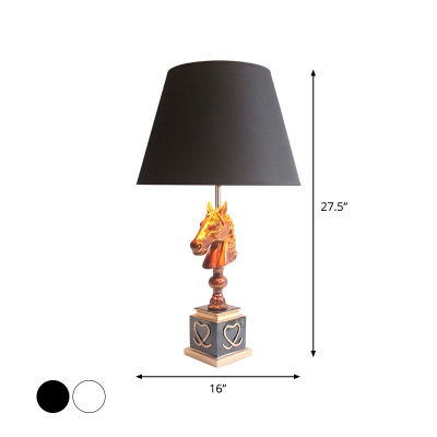 1 Bulb Tapered Drum Table Lamp Country Black/White Fabric Night Stand Light with Horse Base