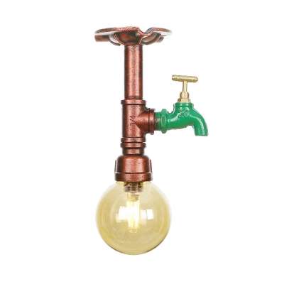 1-Head Sphere LED Semi Flush Light Fixture Industrial Copper Amber Glass Ceiling Mounted Lamp