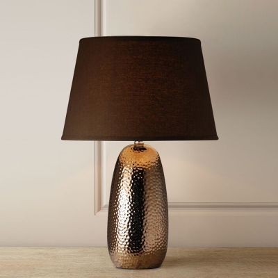 1-Light Hammered Ovoid Table Light Retro Brown Ceramic Nightstand Lamp with Tapered Fabric Shade