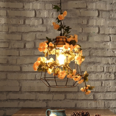 1-Light Iron Suspension Pendant Industrial Black Barn/Diamond/Jar Cage Restaurant Flower Drop Lamp with Wooden Cap