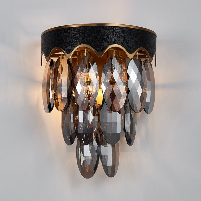 2-Bulb Oval Faceted Crystal Sconce Antiqued Black Tapered Wall Mounted Light with Scalloped Edge