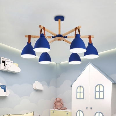 3/6/8 Heads Living Room Chandelier Macaron White/Blue and Wood Ceiling Suspension Lamp with Dome Iron Shade
