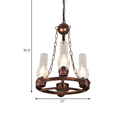 3 Heads Vase Ceiling Chandelier Factory Bronze Clear Ribbed Glass Hanging Light Kit with Metal Wheel Design