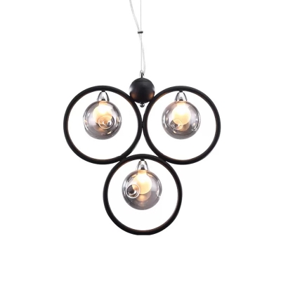 3-Hoop Hanging Chandelier Modernist Smoke Glass 3-Bulb Black Pendant Lighting Fixture