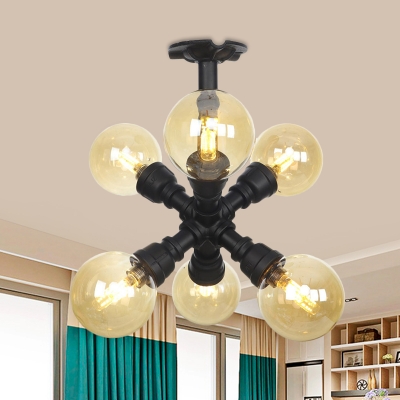 4/5/6 Bulbs LED Semi Mount Lighting Vintage Foyer Flush Lamp with Globe Amber Glass Shade in Black