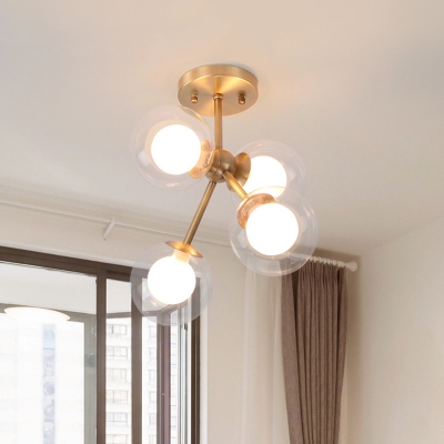 4-Bulb Bedroom Ceiling Lamp Postmodern Brass Semi Flush Light with Dual Clear and White Glass Shade