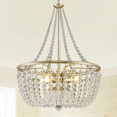 4 Heads Metal Pendant Chandelier Contemporary Gold Basket Bedroom Ceiling Light with Crystal Bead