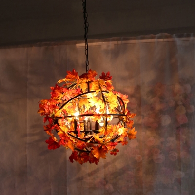 4 Lights Maple Leaf Sphere Chandelier Industrial Red and Black Iron Hanging Lamp Kit