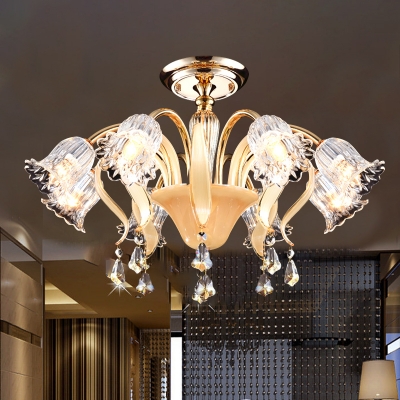 8-Bulb Semi Mount Lighting Modernism Bedroom Flush Ceiling Lamp with Floral Crystal Shade in Gold