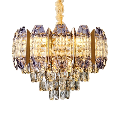 9 Heads Tapered Ceiling Light Simple Gold Crystal Chandelier Lighting Fixture for Living Room