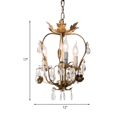 Antique Brass 3-Light Pendant Traditional Beveled Crystal Frame Hanging Chandelier