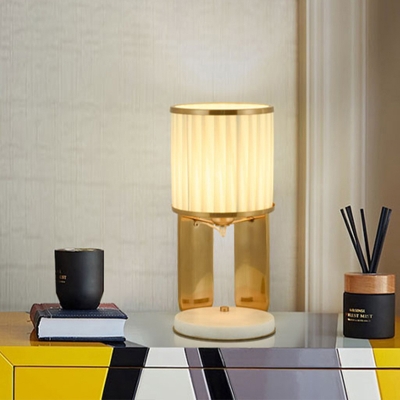 Barrel Gathered Fabric Table Light Postmodern 1-Light Gold Nightstand Lamp with Marble Base