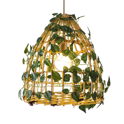 Bell Cage Bamboo Ceiling Pendant Countryside 1 Head Bistro Plant Suspension Light in Beige