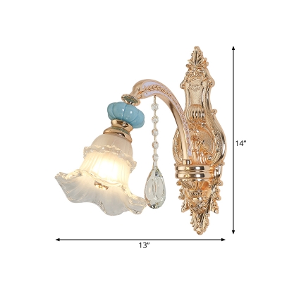 Bloom White Glass Wall Light Modernism 1/2 Heads Bedroom Sconce in Gold with Dangling Crystal