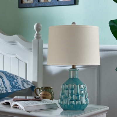 Blue Ribbed Jar Night Lamp Lodge Ceramic Single Bedside Table Light with Bell/Drum Shade