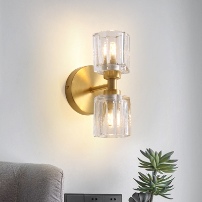 Brass 2-Head Wall Light Fixture Retro Clear Glass Prism Sconce Lighting for Living Room