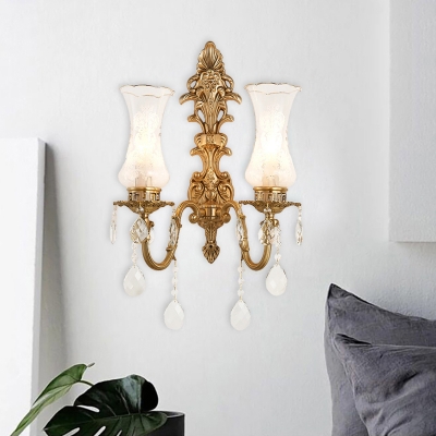 Brass 2 Heads Sconce Lighting Traditional Clear Glass Vase Wall Lamp Fixture with Crystal Droplet