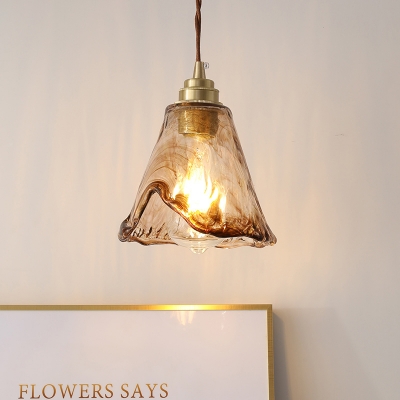 Brass Floral Hanging Ceiling Light Modernism 1-Bulb Amber Rippled Glass Pendant Lamp Kit