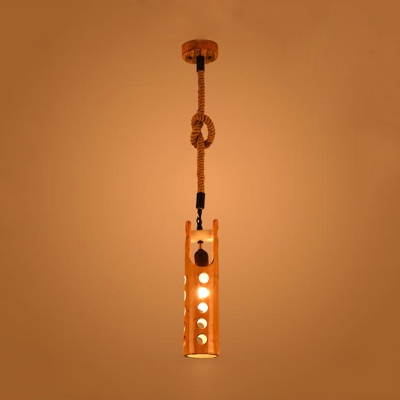 Brown Etched Tubular Hanging Pendant Light Vintage Bamboo 1 Head Restaurant Ceiling Fixture with Rope Rod
