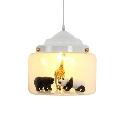 Canning Jar Clear Glass Pendant Kids 1 Head Black/White Suspended Lighting Fixture with Animal Statue
