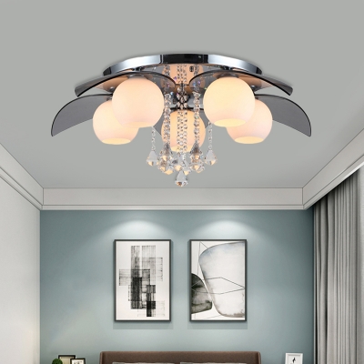 Chrome Petals Flushmount Modern Stainless Steel 5-Head Bedroom Ceiling Lamp with Crystal Drape and Dome Milk Glass Shade