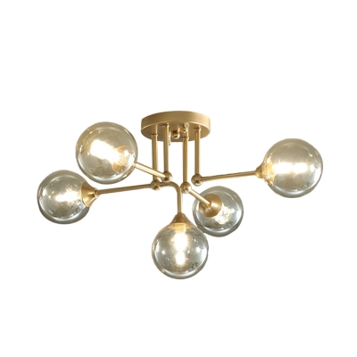 Amber Glass Sphere Semi Flush Mount Lighting Modern 5 Lights Close to Ceiling Lamp in Gold/Black and Gold